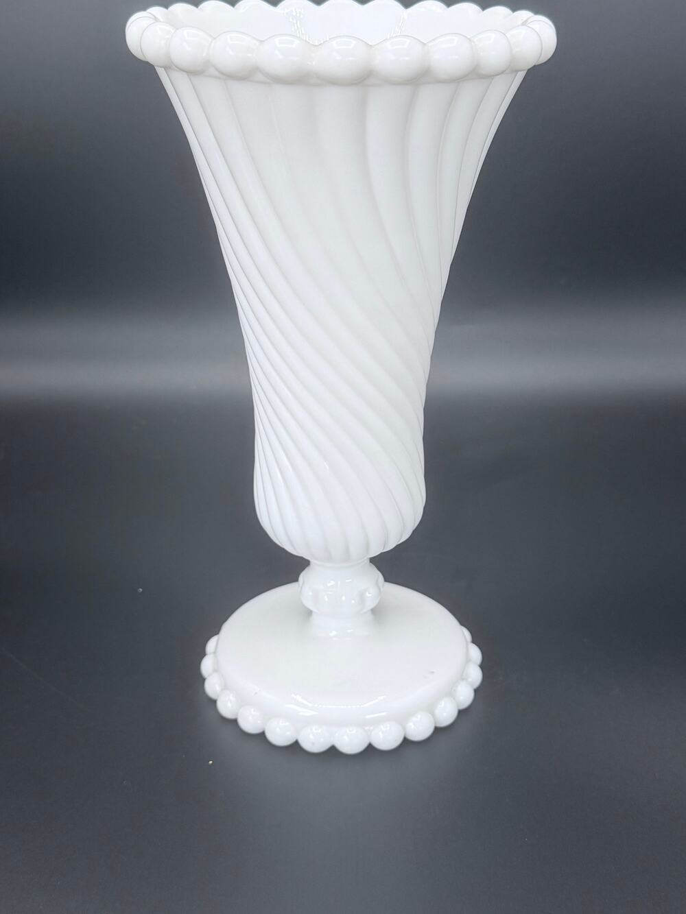 Vintage Westmoreland Milk Glass Swirl & Ball Trumpet Vase Beaded Rim Pedestal